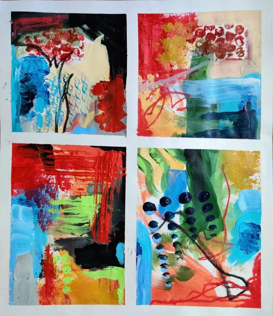My painting: four small abstract panels in red, blue, yellow and green.
