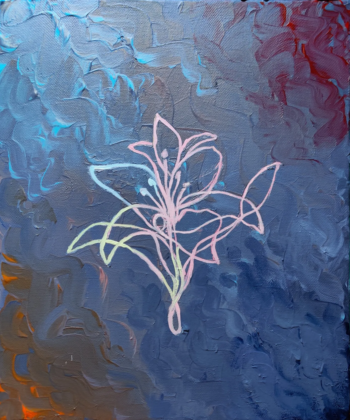My painting: a white line-drawn lily over textured blue and red brushwork.